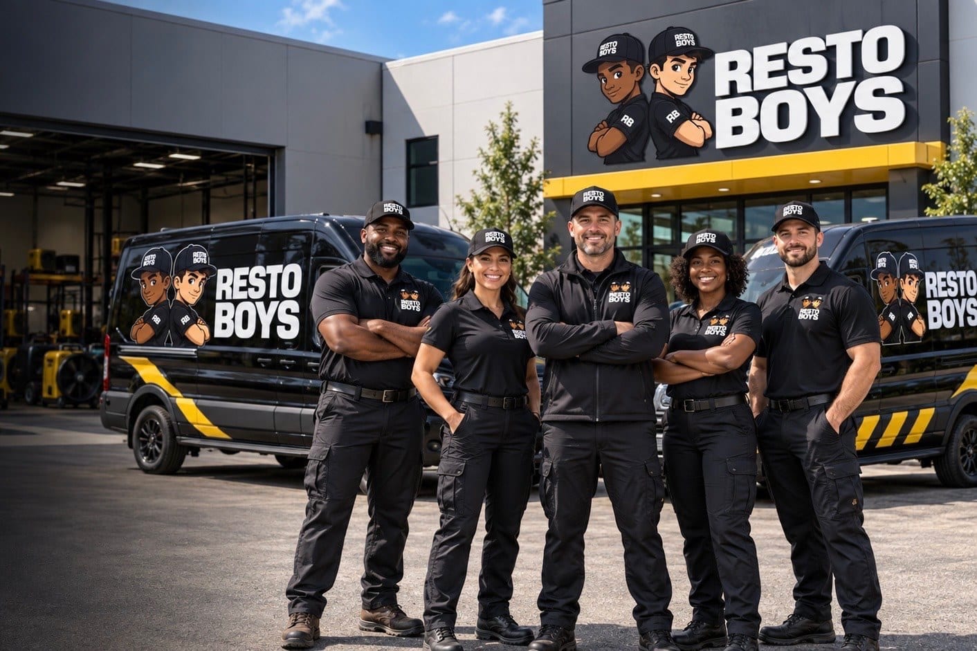 Resto Boys crew and branded vans outside a Resto Boys facility